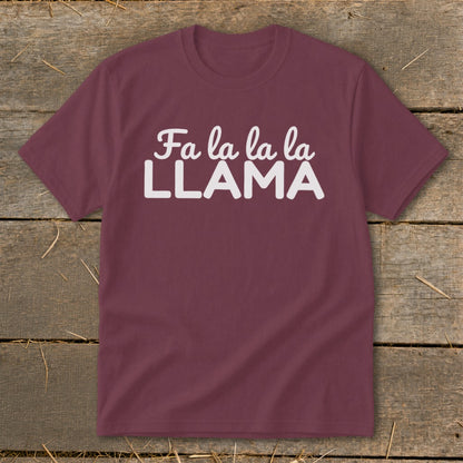 Maroon t-shirt with "Fa la la la la LLAMA" graphic in white text.