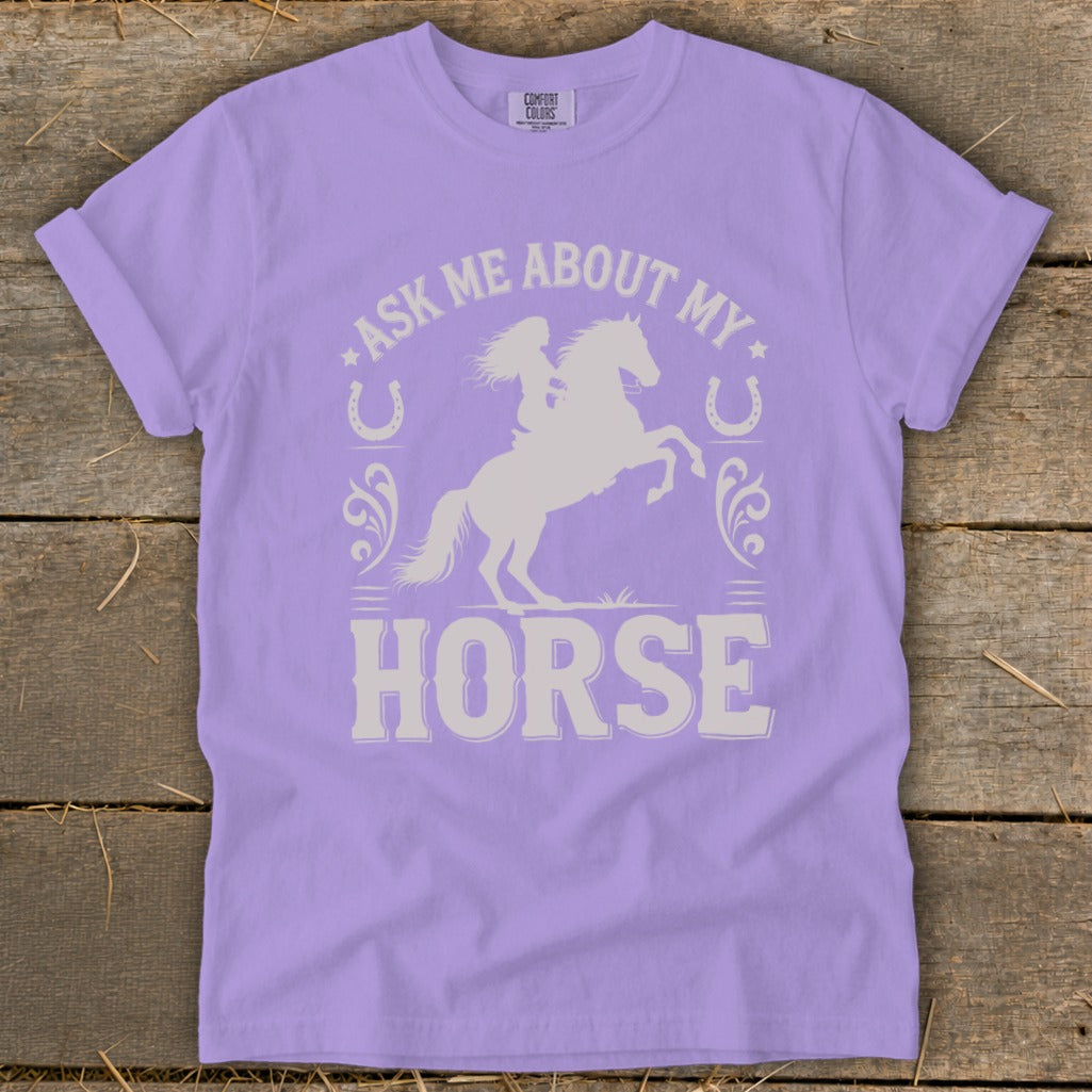 Purple t-shirt with "Ask Me About My Horse" graphic and silhouetted rider.