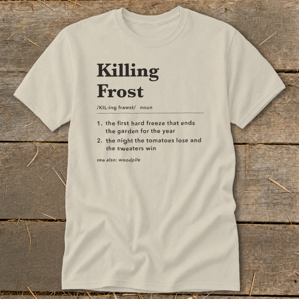 Cream crewneck t-shirt featuring a dictionary definition of Killing Frost printed in black on the chest.