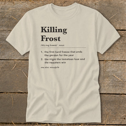 Cream crewneck t-shirt featuring a dictionary definition of Killing Frost printed in black on the chest.