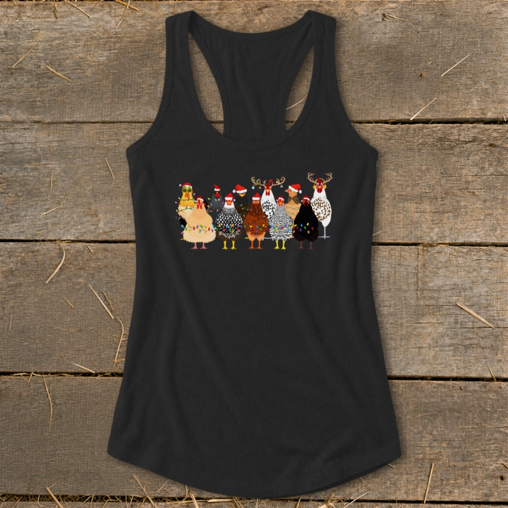 Christmas chickens wearing Santa hats and lights on a black tank top.