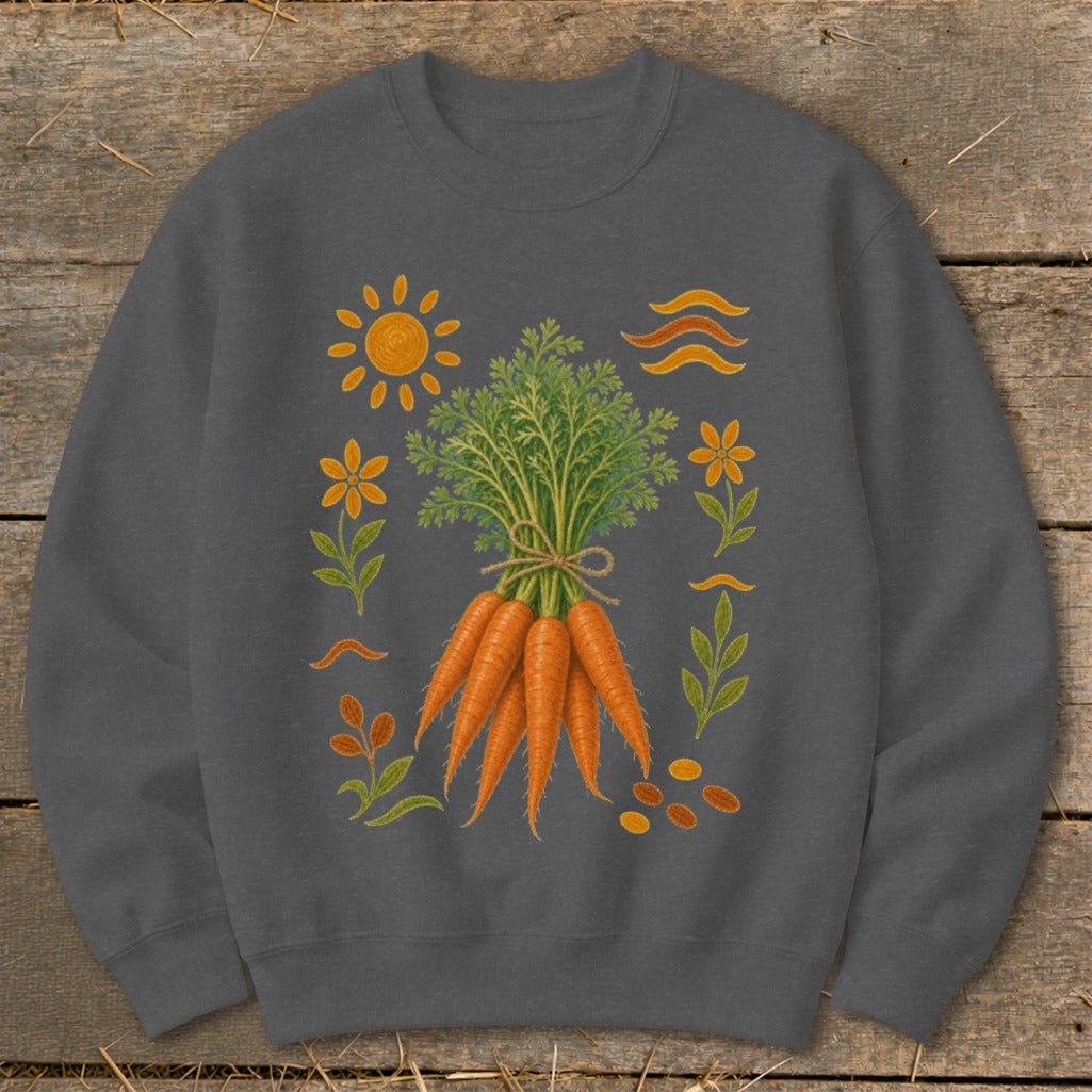 Dark grey sweatshirt with a bundled carrot illustration surrounded by sun, flowers, leaves, and wavy lines.