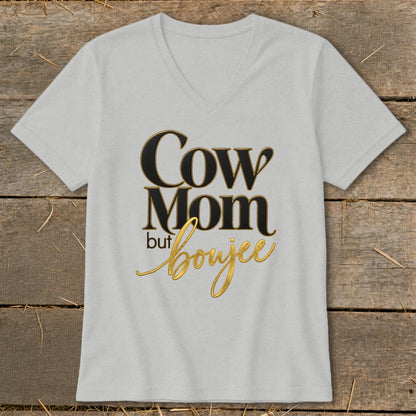 Light grey v-neck t-shirt with black and gold text "Cow Mom but boujee".
