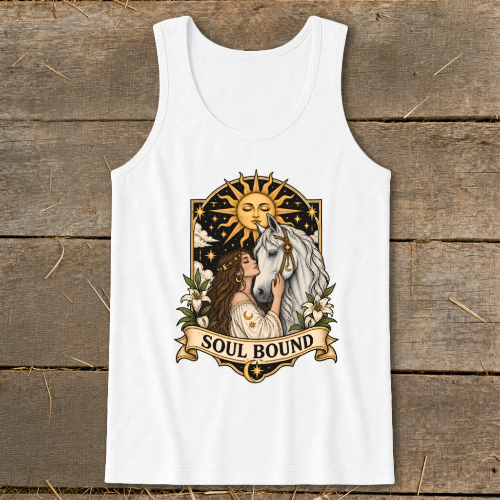 Illustration of woman kissing a white horse with sun and stars, text "SOUL BOUND".