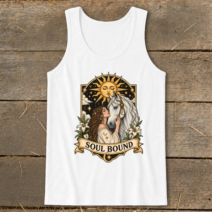 Illustration of woman kissing a white horse with sun and stars, text "SOUL BOUND".