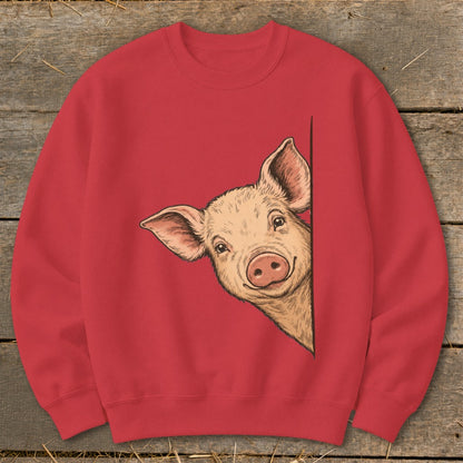 Red sweatshirt with a drawing of a pig peeking around the side.