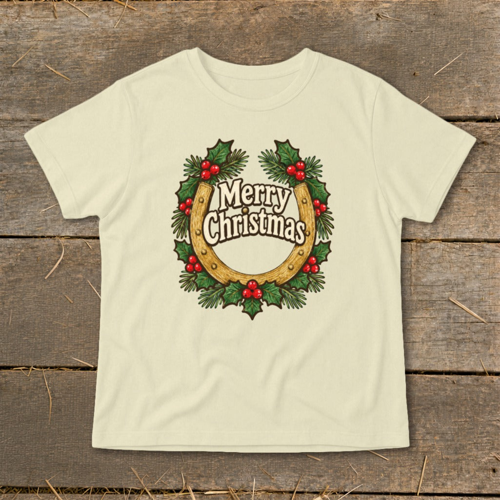 Cream t-shirt with a Christmas wreath around a horseshoe and text "Merry Christmas".