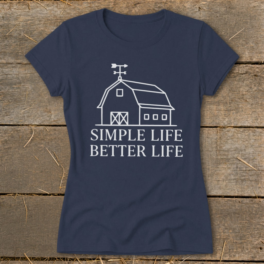 Navy t-shirt with white barn graphic and text "SIMPLE LIFE BETTER LIFE".