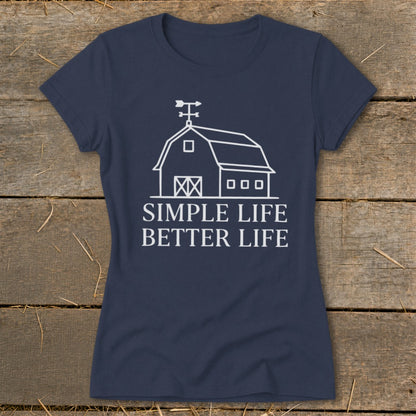 Navy t-shirt with white barn graphic and text "SIMPLE LIFE BETTER LIFE".