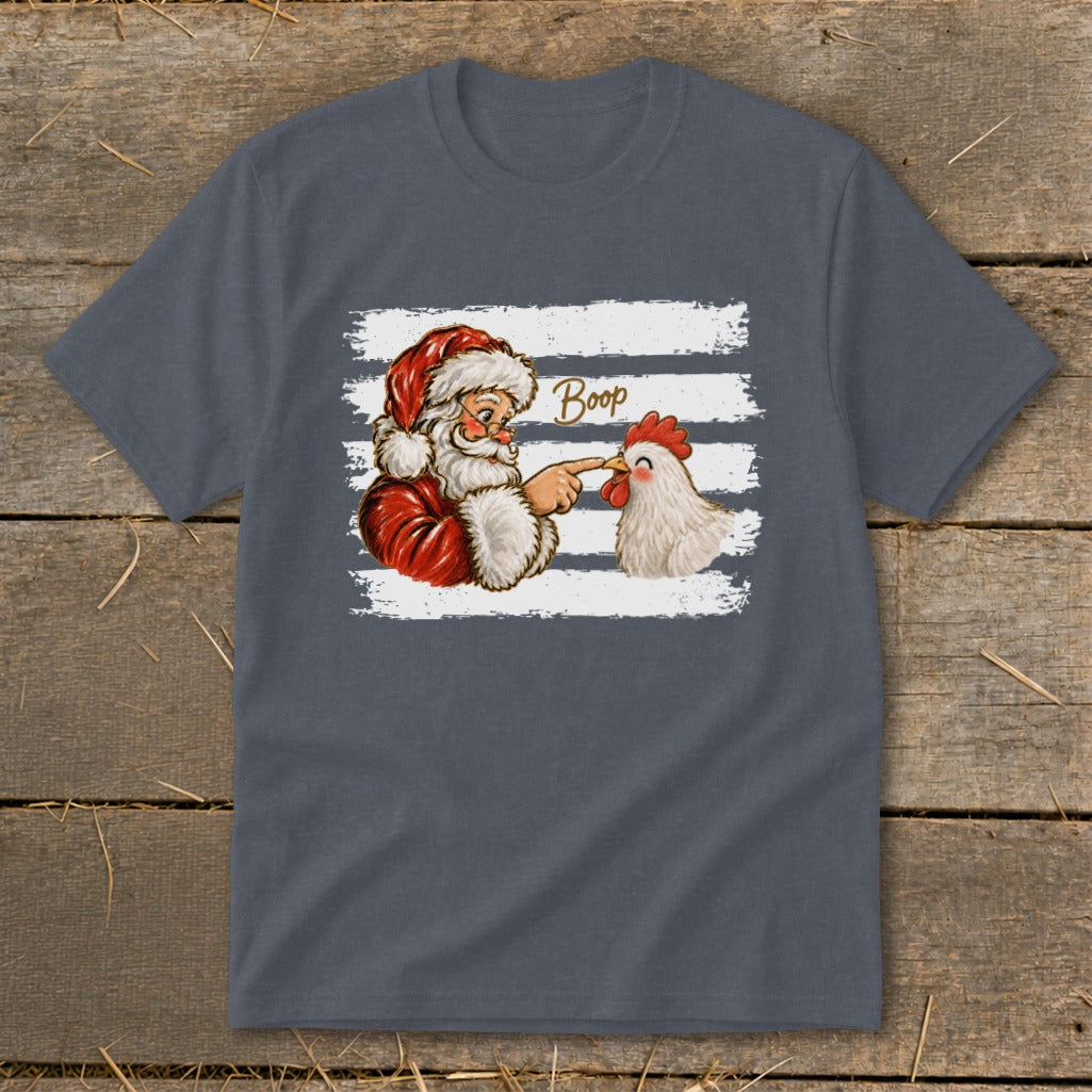 Santa booping a chicken with the word "Boop" on a striped background.