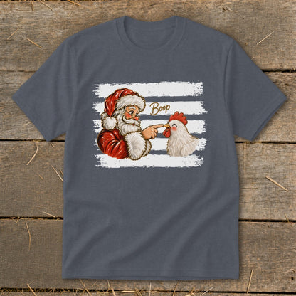 Santa booping a chicken with the word "Boop" on a striped background.