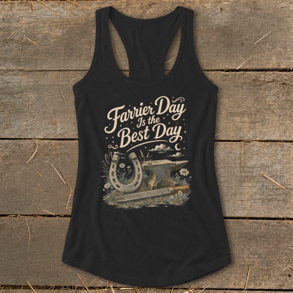 Black tank top with "Farrier Day Is The Best Day" graphic and horseshoe, anvil, and file.