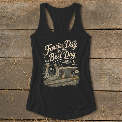 Black tank top with "Farrier Day Is The Best Day" graphic and horseshoe, anvil, and file.