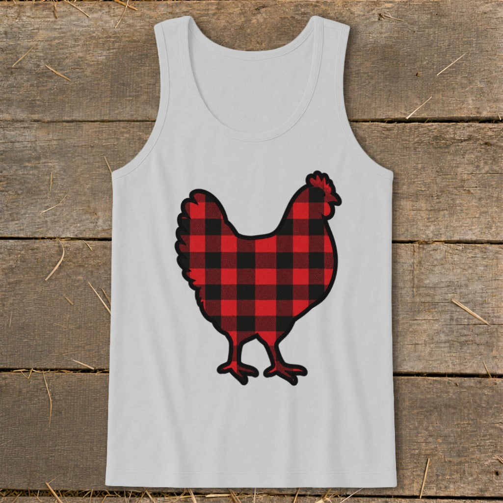 White tank top with a black and red buffalo plaid chicken graphic.