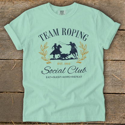 Team Roping Social Club shirt with cowboys and calf, Est. 1882.