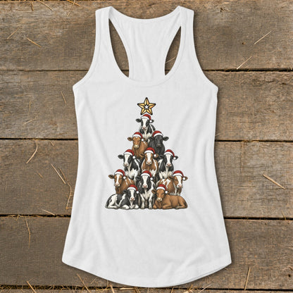 White tank top with cows arranged in a Christmas tree shape, wearing Santa hats.