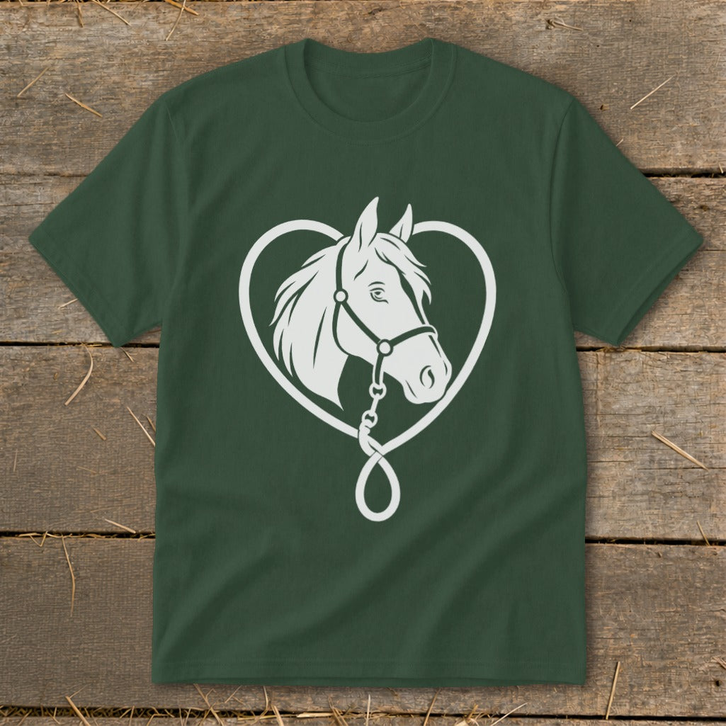 Dark green short-sleeve t-shirt featuring a white graphic of a horse's head inside a heart.