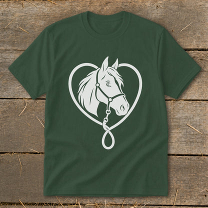 Dark green short-sleeve t-shirt featuring a white graphic of a horse's head inside a heart.
