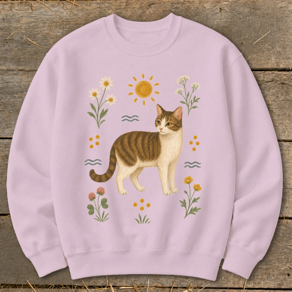 Lilac sweatshirt with a tabby cat surrounded by wildflowers and a sun.