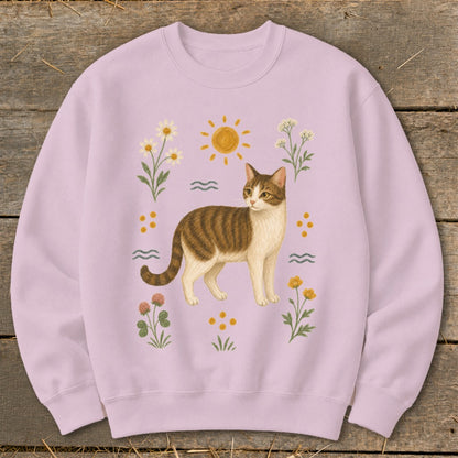 Lilac sweatshirt with a tabby cat surrounded by wildflowers and a sun.