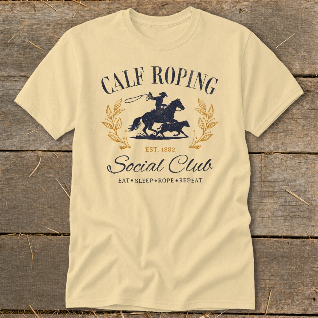 Calf Roping Social Club est. 1882 t-shirt with rider, horse, and calf graphic.