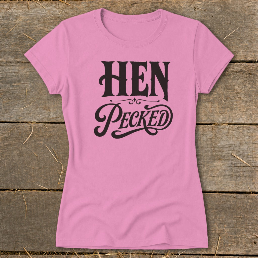 Pink t-shirt with black "HEN PECKED" text in vintage lettering.