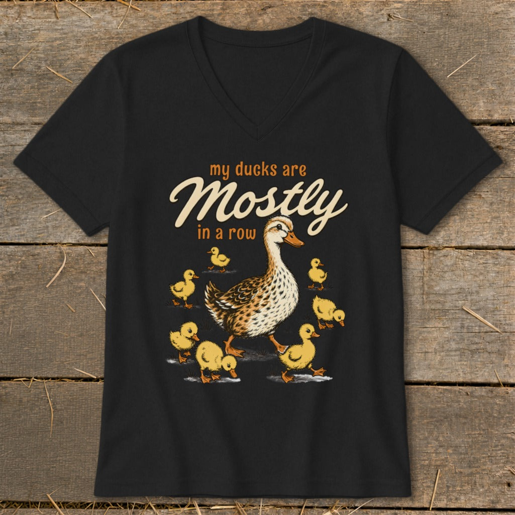 Black t-shirt with illustration of a mother duck and ducklings, text reads "my ducks are Mostly in a row".