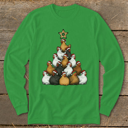 Green long-sleeve shirt featuring a Christmas tree made of chickens wearing Santa hats and a star.
