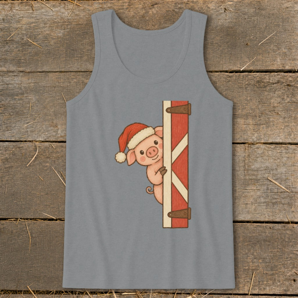 Tank top with a cartoon pig wearing a Santa hat peeking around a barn door.