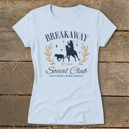 Light blue t-shirt with "Breakaway Social Club" and a rodeo scene.