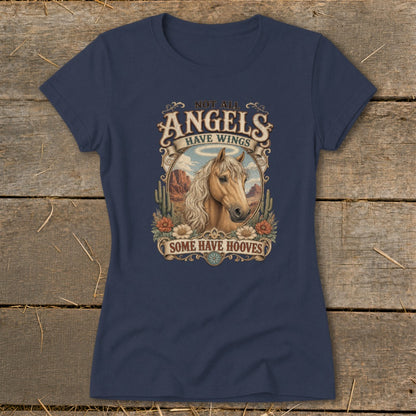 Navy t-shirt with graphic of horse and text "Not All Angels Have Wings, Some Have Hooves".