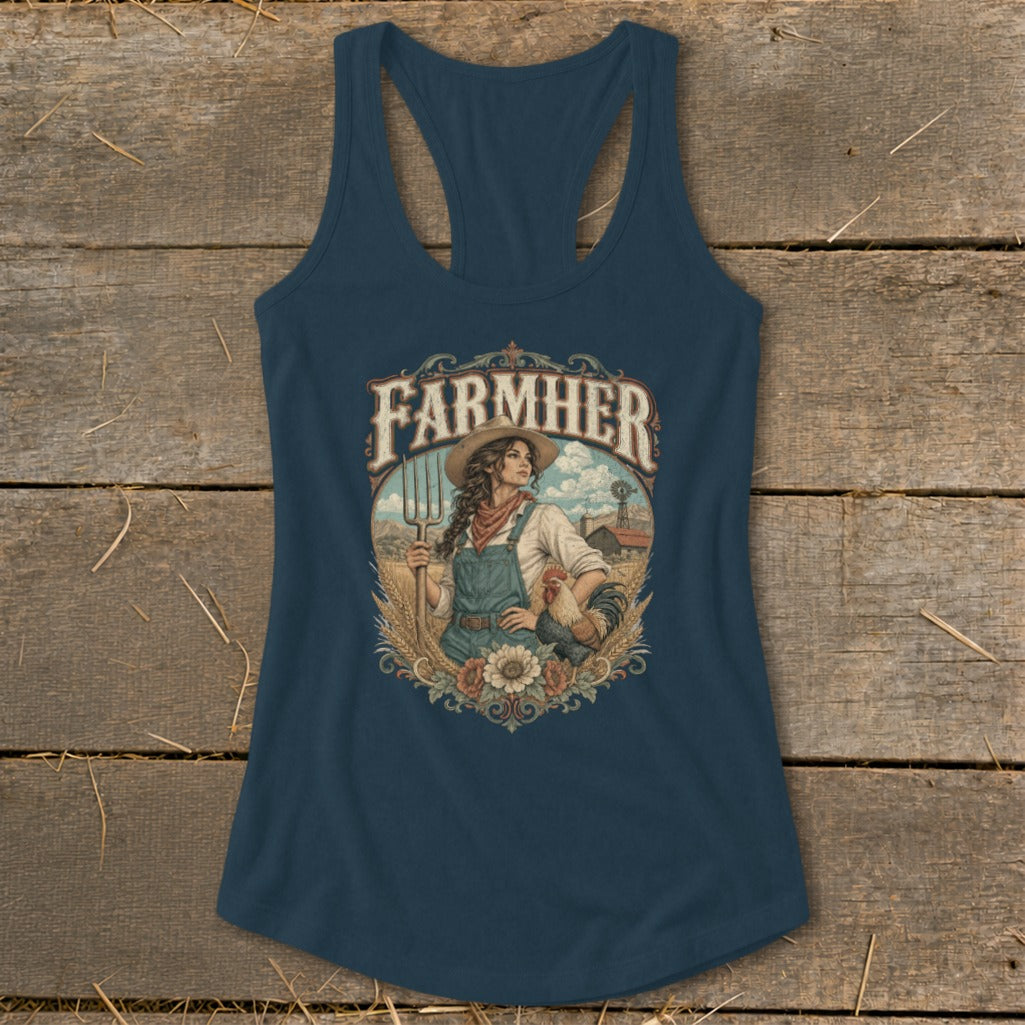 Dark blue tank top with "FARMHER" graphic of a woman with pitchfork and rooster.