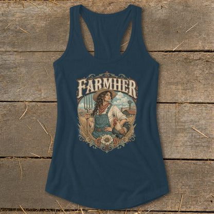 Dark blue tank top with "FARMHER" graphic of a woman with pitchfork and rooster.