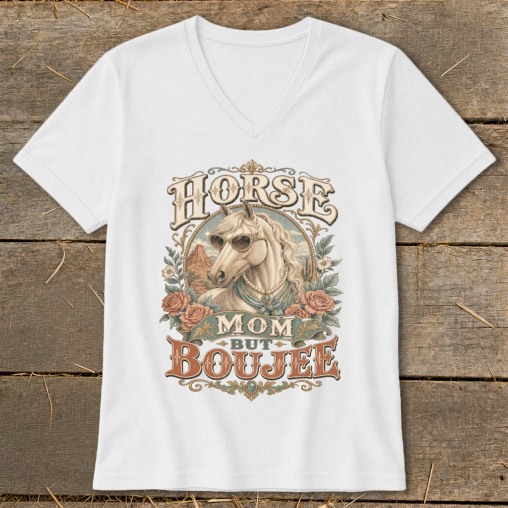White t-shirt with "HORSE MOM BUT BOUJEE" text and a horse wearing sunglasses.