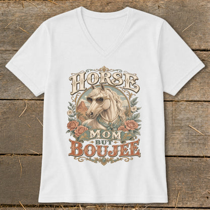 White t-shirt with "HORSE MOM BUT BOUJEE" text and a horse wearing sunglasses.