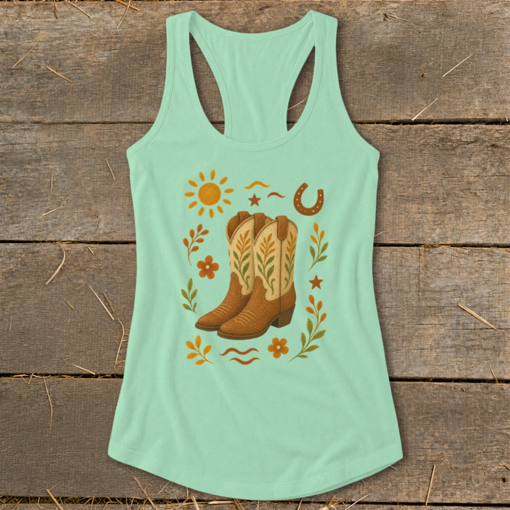 Mint green tank top with a graphic of cowboy boots, sun, horseshoe, and flowers.