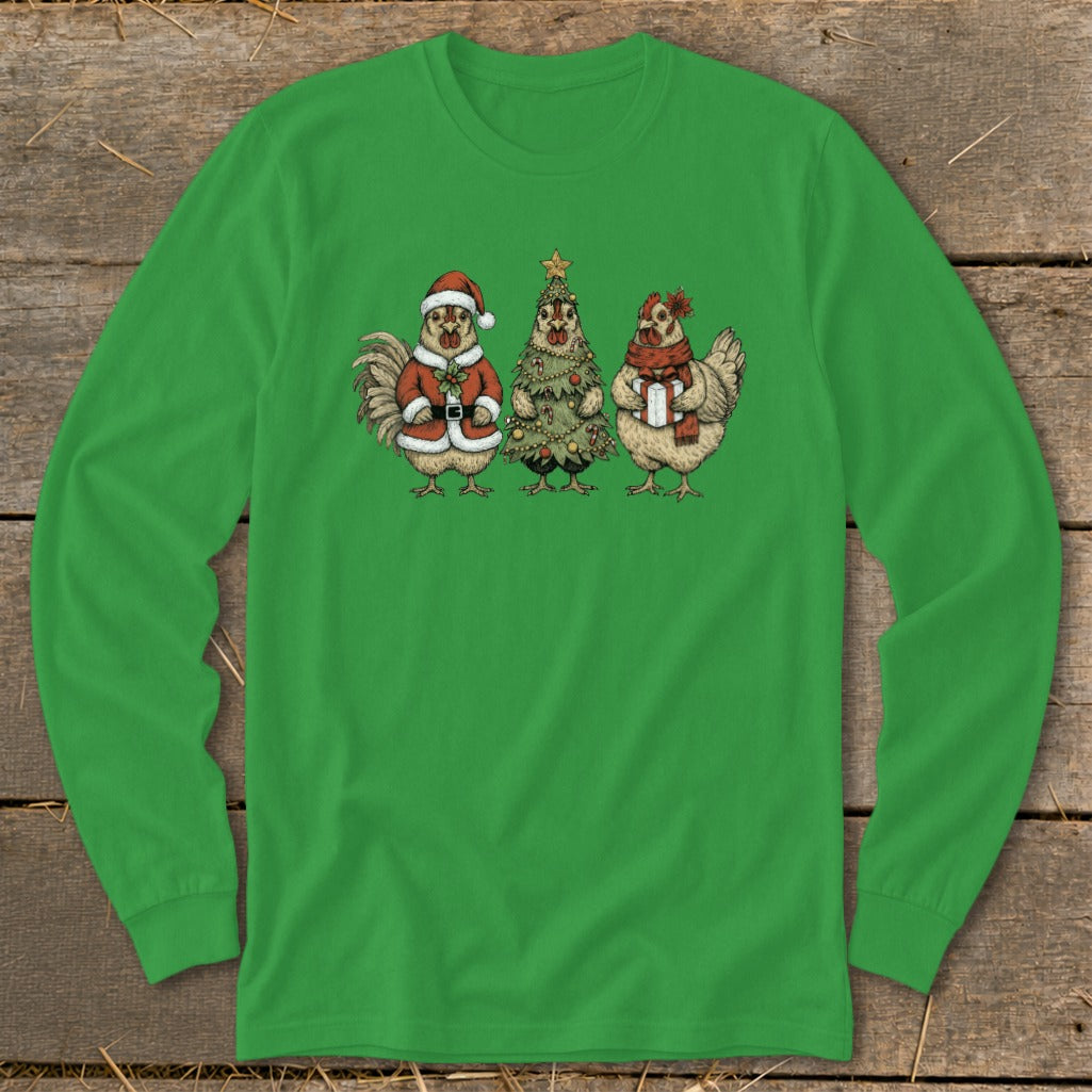 Green long-sleeve shirt with three chickens dressed for Christmas.