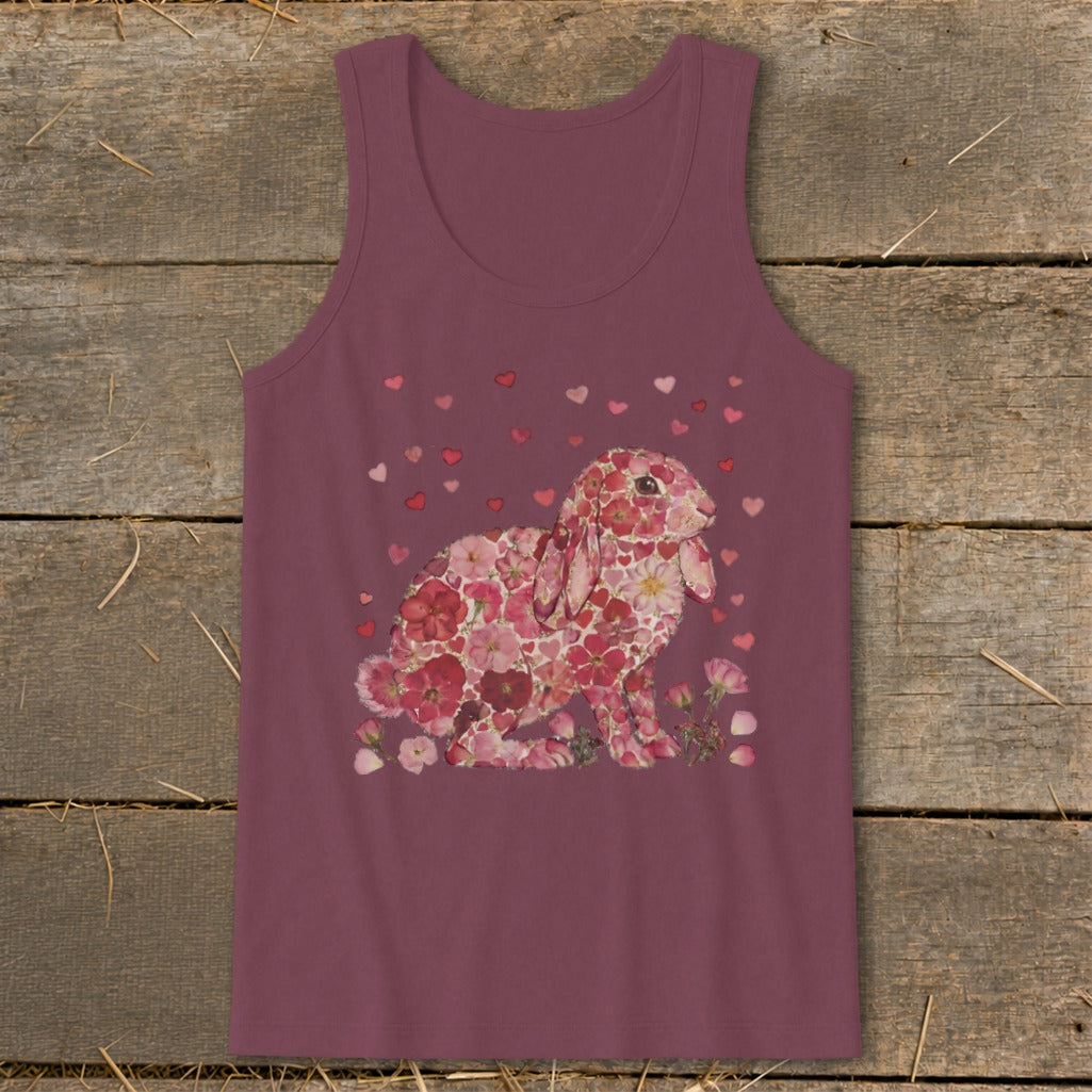Burgundy tank top with a bunny made of pink flowers and scattered hearts.