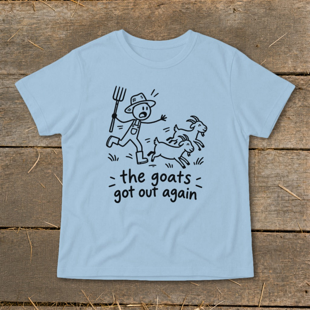 Light blue t-shirt with stick figure farmer chasing escaped goats and text "the goats got out again".