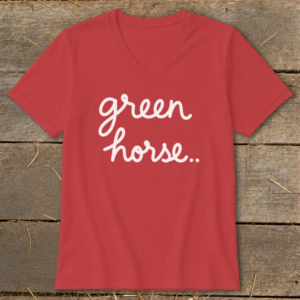Red v-neck t-shirt with white script text "green horse..."