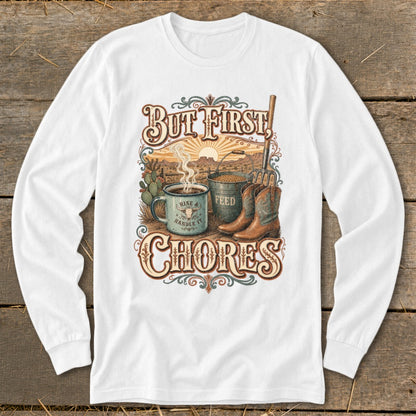 But First, Rise & Handle It, Feed, Chores graphic with desert, coffee cup, and boots.