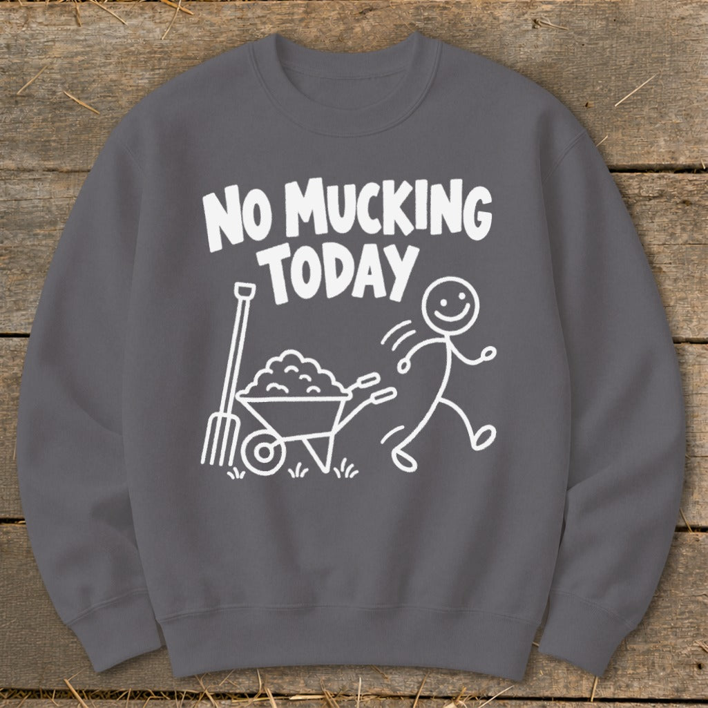 Grey sweatshirt with white text and cartoon of a stick figure running from a wheelbarrow.