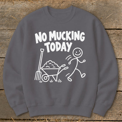 Grey sweatshirt with white text and cartoon of a stick figure running from a wheelbarrow.