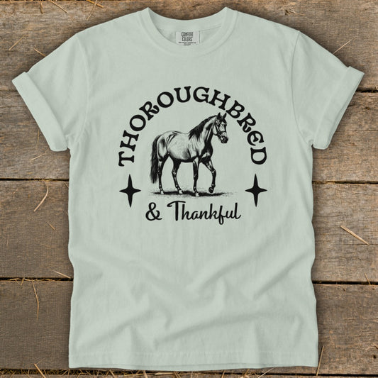 Thoroughbred & Thankful text with a drawing of a horse on a light green shirt.