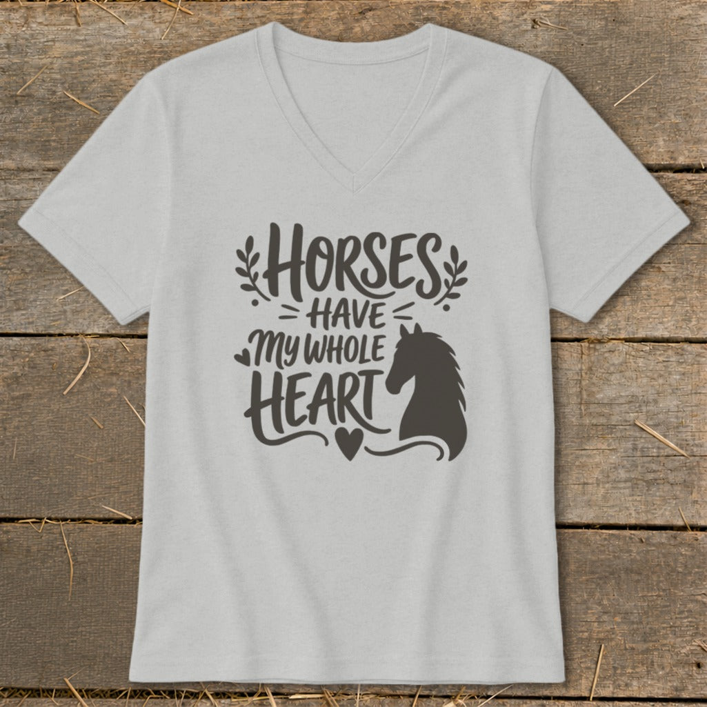 Gray v-neck t-shirt with "Horses Have My Whole Heart" text and horse silhouette.