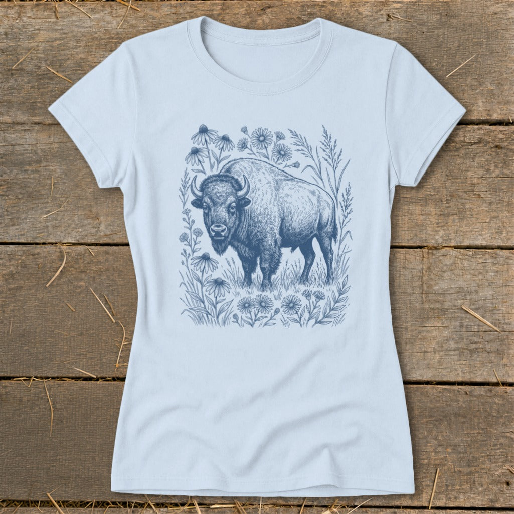 Light blue t-shirt with a blue ink drawing of a bison surrounded by wildflowers.