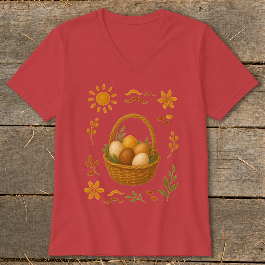 Red v-neck t-shirt with Easter basket of eggs and floral designs.