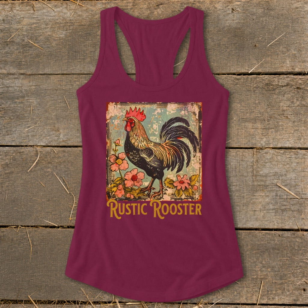 Tank top with a rustic rooster graphic and floral accents.