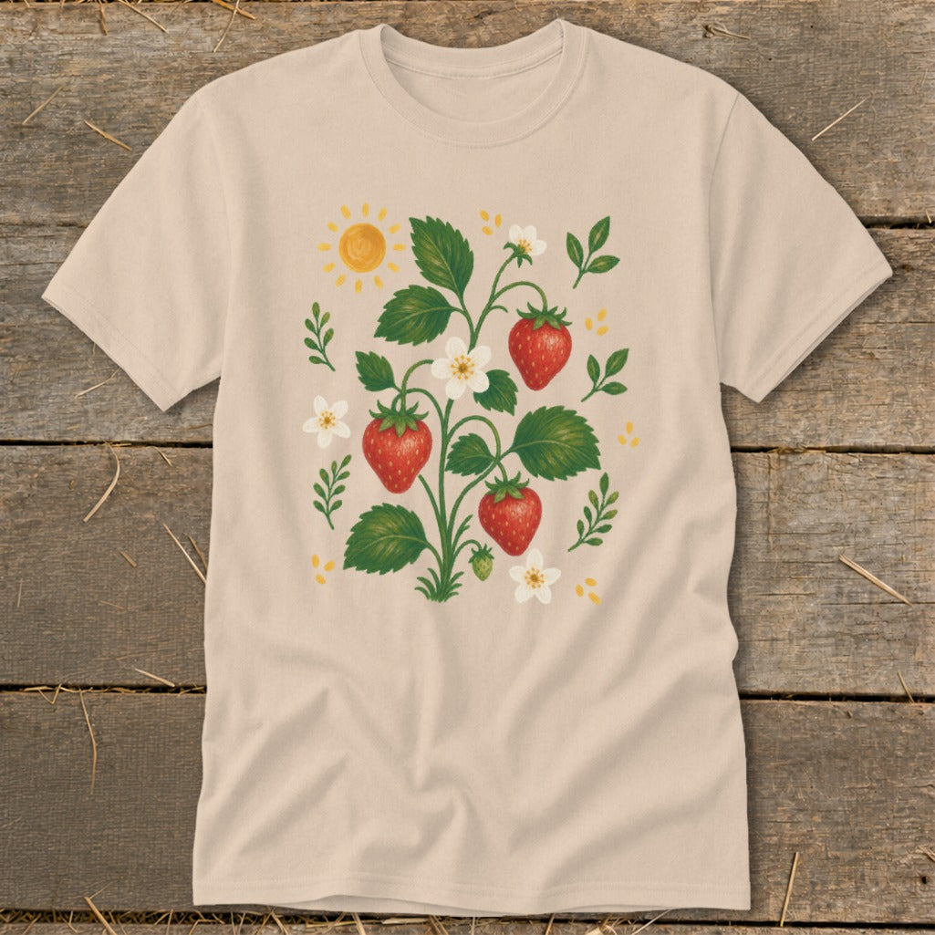 Cream t-shirt with a stylized strawberry plant illustration and a yellow sun.