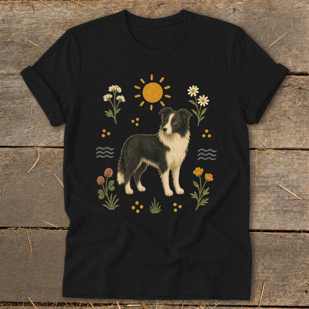 Black t-shirt with illustration of a Border Collie surrounded by sun, flowers, and water.